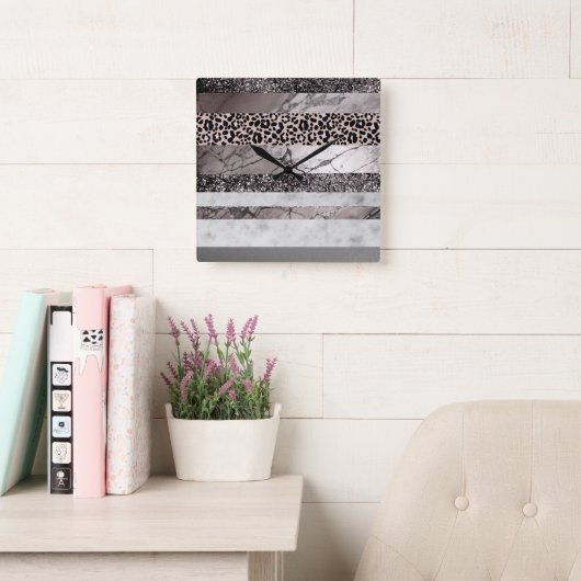 Leopard Marble Glitter Stripes Glam 1 スクエア壁時計 (読書スペース)