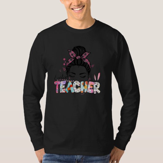 Leopard Messy Bun One Hoppy Sped Teacher Bunny Eas Tシャツ (正面)