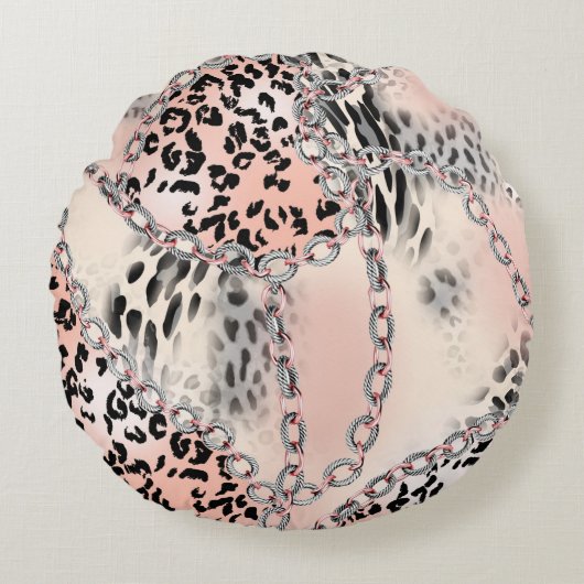 Leopard pattern, flowers, chain, roses ラウンドクッション (正面)