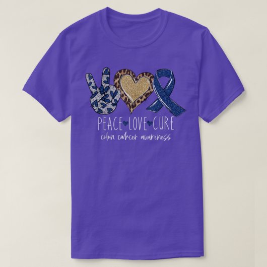 Leopard Peace Love Cure Blue Ribbon Colon Cancer A Tシャツ (デザイン正面)