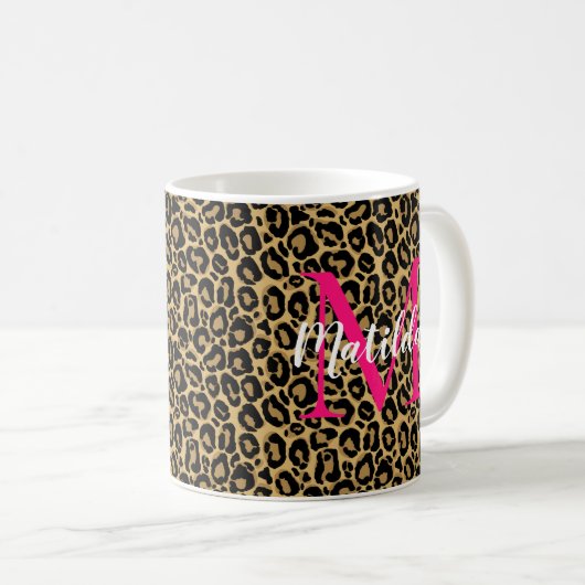 Leopard Personalized Monogram & Name Hot Pink コーヒーマグカップ (正面右)