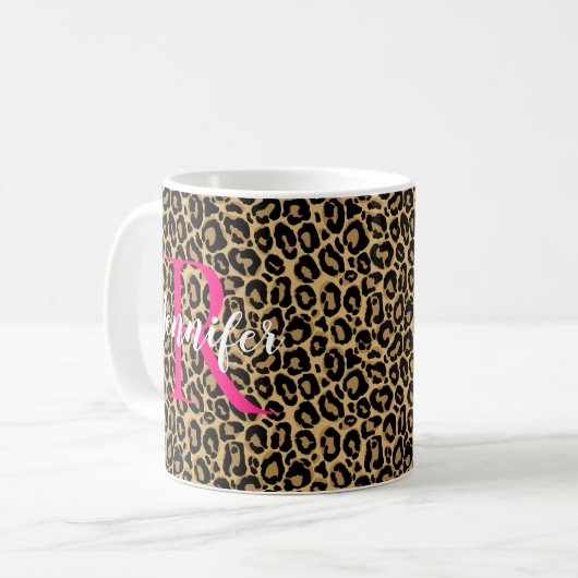 Leopard Personalized Monogram & Name Hot Pink コーヒーマグカップ (正面左)