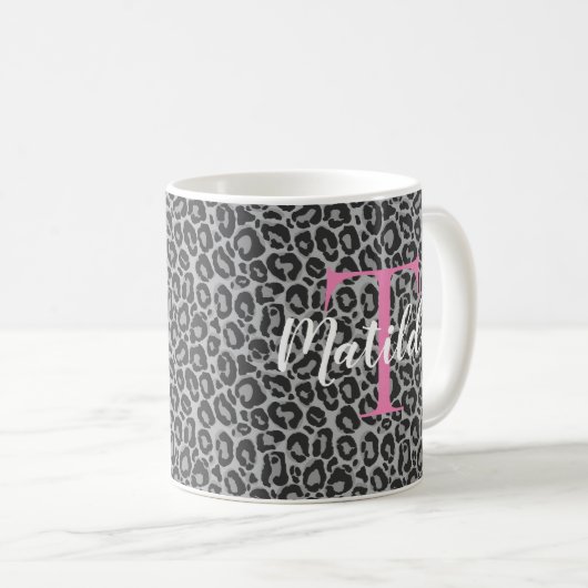 Leopard Personalized Pink Monogram & Name（Leopard  コーヒーマグカップ (正面右)