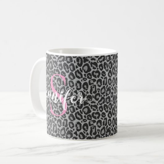Leopard Personalized Pink Monogram & Name（Leopard  コーヒーマグカップ (正面左)