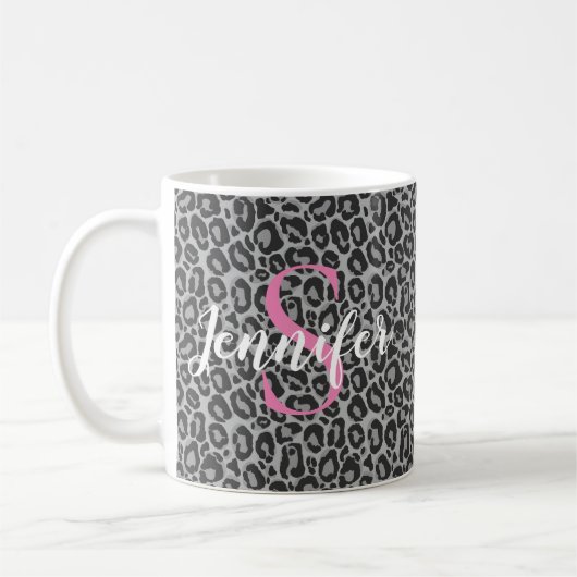 Leopard Personalized Pink Monogram & Name（Leopard  コーヒーマグカップ (左)