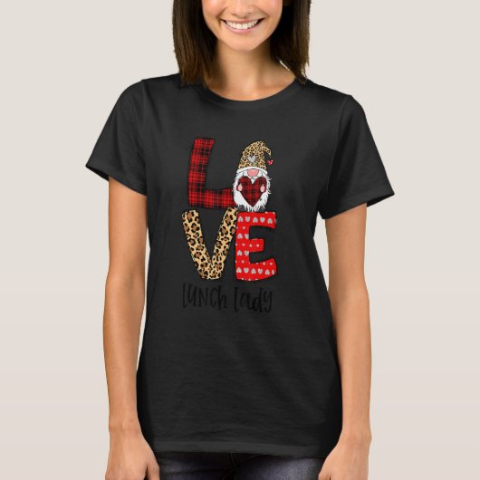 Leopard Plaid Gnome Heart LOVE Lunch Lady Valentin Tシャツ (正面)