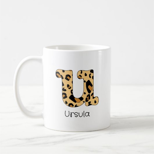 Leopard Printイニシャルu小文字と名前 コーヒーマグカップ (左)