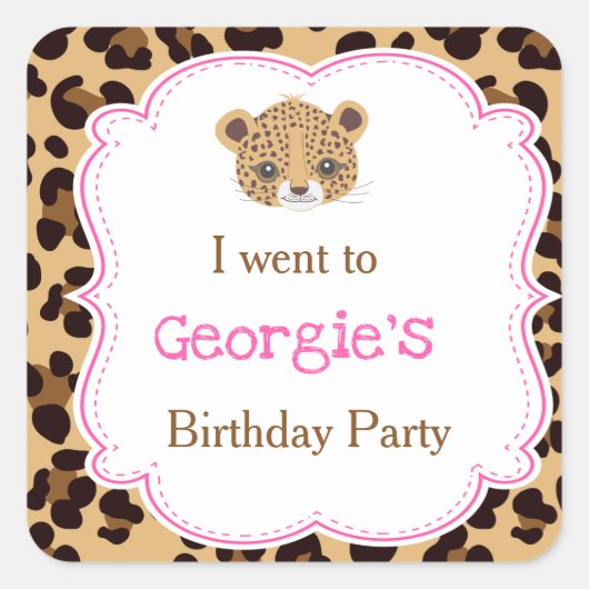 Leopard Printピンククローバー'私は行った' スクエアシール (正面)