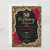 Leopard Printブラック金ゴールド写真50誕生日 招待状 (正面)