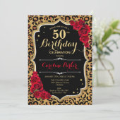 Leopard Printブラック金ゴールド写真50誕生日 招待状 (スタンド正面)