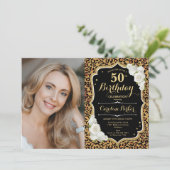 Leopard Printブラック金ゴールド写真50誕生日 招待状 (スタンド正面)