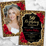 Leopard Printブラック金ゴールド写真50誕生日 招待状<br><div class="desc">50歳エレガントの誕生日フェミニン招待状とカードの裏の写真。動物ヒョウ柄のグラムブラックデザインとフェイクグリッター金ゴールド。赤いバラ、スクリプトフォント、紙吹雪を備えている。大人スタイリッシュのお祝いパーティーに最適。独自の詳細でパーソナライズどんなカスタマイズ年でもいい！印刷されたZazzle招待状または即時ダウンロードのデジタル印刷可能なテンプレート。</div>