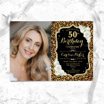 Leopard Printブラック金ゴールド写真50誕生日 招待状<br><div class="desc">エレガントフローラ50歳のフェミニン誕生日の招待状と写真。グラムブラックデザインフェイクグリッター金ゴールド。動物ヒョウのプリント、白いバラ、スクリプトフォントと紙吹雪を特徴とする。大人スタイリッシュのお祝いパーティーに最適。独自の詳細でパーソナライズどんなカスタマイズ年でもいい！印刷されたZazzle招待状または即時ダウンロードのデジタル印刷可能なテンプレート。</div>