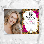 Leopard Print金ゴールドピンク写真50誕生日 招待状<br><div class="desc">エレガントフローラ50歳のフェミニン誕生日の招待状と写真。グラムホワイトデザインフェイクグリッター金ゴールド。動物ヒョウのプリント、ホットピンクのバラ、スクリプトのフォントと紙吹雪を特徴とする。大人スタイリッシュのお祝いパーティーに最適。独自の詳細でパーソナライズどんなカスタマイズ年でもいい！印刷されたZazzle招待状または即時ダウンロードのデジタル印刷可能なテンプレート。</div>
