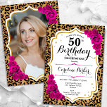 Leopard Print金ゴールドピンク写真50誕生日 招待状<br><div class="desc">50歳エレガントの誕生日フェミニン招待状とカードの裏の写真。動物ヒョウ柄のグラムデザインとフェイクグリッター金ゴールド。ホットピンクのバラ、スクリプトフォント、紙吹雪を搭載。大人スタイリッシュのお祝いパーティーに最適。独自の詳細でパーソナライズどんなカスタマイズ年でもいい！印刷されたZazzle招待状または即時ダウンロードのデジタル印刷可能なテンプレート。</div>