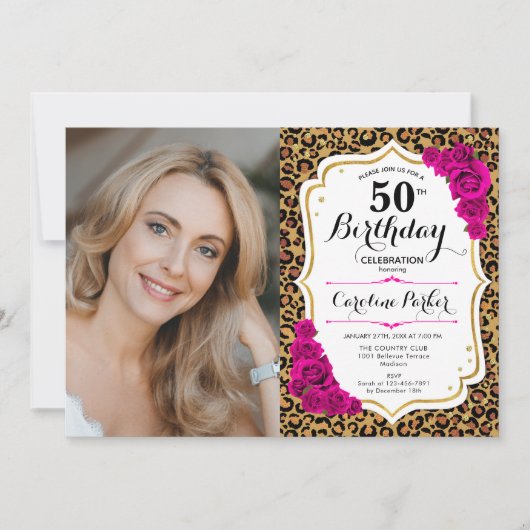 Leopard Print金ゴールドピンク写真50誕生日 招待状 (正面)