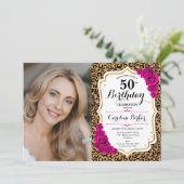 Leopard Print金ゴールドピンク写真50誕生日 招待状 (スタンド正面)
