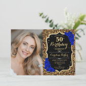 Leopard Print金ゴールド王室のブルー写真50誕生日 招待状 (スタンド正面)