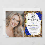 Leopard Print金ゴールド王室のブルー写真50誕生日 招待状 (正面)