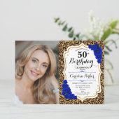 Leopard Print金ゴールド王室のブルー写真50誕生日 招待状 (スタンド正面)