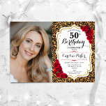Leopard Print金ゴールド赤い写真50誕生日 招待状<br><div class="desc">エレガントフローラ50歳のフェミニン誕生日の招待状と写真。グラムホワイトデザインフェイクグリッター金ゴールド。動物ヒョウのプリント、赤いバラ、スクリプトフォントと紙吹雪を特徴とする。大人スタイリッシュのお祝いパーティーに最適。独自の詳細でパーソナライズどんなカスタマイズ年でもいい！印刷されたZazzle招待状または即時ダウンロードのデジタル印刷可能なテンプレート。</div>