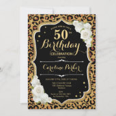Leopard Print金ゴールド黒写真50誕生日 招待状 (正面)