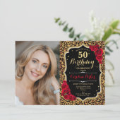 Leopard Print黒金ゴールド赤写真50誕生日 招待状 (スタンド正面)