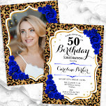 Leopard Print 王室の Blue Photo 50誕生日 招待状<br><div class="desc">50歳エレガントの誕生日フェミニン招待状とカードの裏の写真。動物ヒョウ柄のグラムデザインとフェイクグリッター金ゴールド。サファイアブルー王室のバラ、スクリプトフォント、紙吹雪を搭載。大人スタイリッシュのお祝いパーティーに最適。独自の詳細でパーソナライズどんなカスタマイズ年でもいい！印刷されたZazzle招待状または即時ダウンロードのデジタル印刷可能なテンプレート。</div>