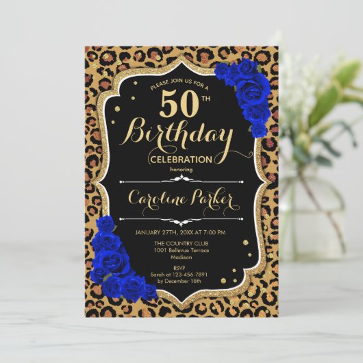 Leopard Print 王室の Blue Photo 50誕生日 招待状 (スタンド正面)