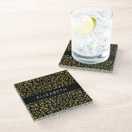 Leopard Print、金ゴールドLeopard、グリッター、名前 ガラスコースター