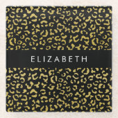 Leopard Print、金ゴールドLeopard、グリッター、名前 ガラスコースター (正面)