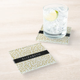 Leopard Print、金ゴールドLeopard、グリッター、名前 ガラスコースター