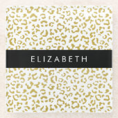 Leopard Print、金ゴールドLeopard、グリッター、名前 ガラスコースター (正面)