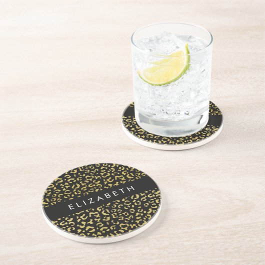 Leopard Print、金ゴールドLeopard、グリッター、名前 コースター (側面)