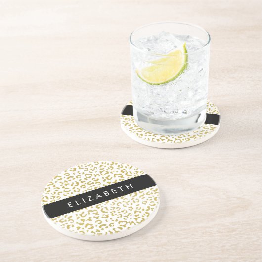 Leopard Print、金ゴールドLeopard、グリッター、名前 コースター (側面)