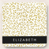 Leopard Print、金ゴールドLeopard、グリッター、名前 コースター (正面)