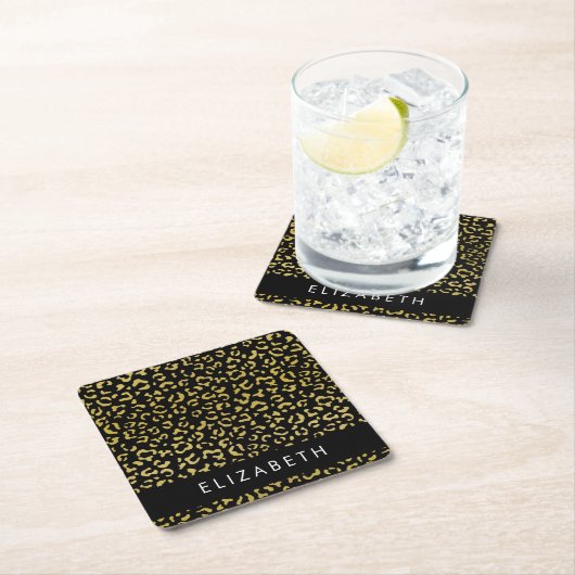 Leopard Print、金ゴールドLeopard、グリッター、名前 スクエアペーパーコースター (インサイチュ)