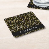 Leopard Print、金ゴールドLeopard、グリッター、名前 スクエアペーパーコースター (アングル)