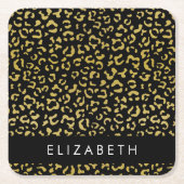 Leopard Print、金ゴールドLeopard、グリッター、名前 スクエアペーパーコースター (正面)