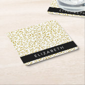 Leopard Print、金ゴールドLeopard、グリッター、名前 スクエアペーパーコースター (アングル)
