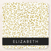 Leopard Print、金ゴールドLeopard、グリッター、名前 スクエアペーパーコースター (正面)