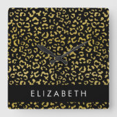 Leopard Print、金ゴールドLeopard、グリッター、名前 スクエア壁時計 (正面)