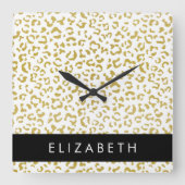 Leopard Print、金ゴールドLeopard、グリッター、名前 スクエア壁時計 (正面)