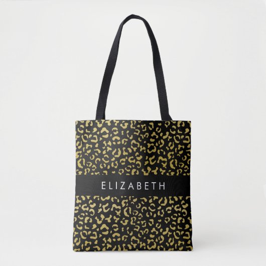 Leopard Print、金ゴールドLeopard、グリッター、名前 トートバッグ (正面)