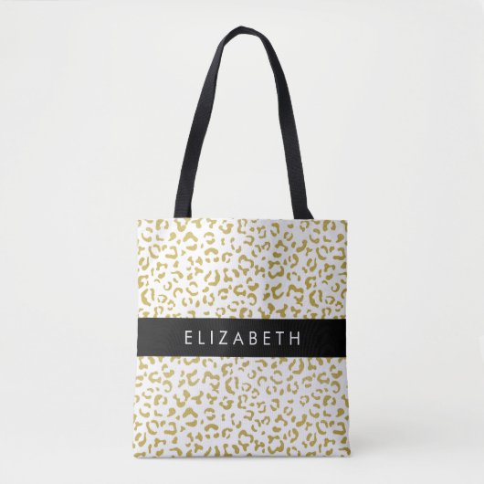 Leopard Print、金ゴールドLeopard、グリッター、名前 トートバッグ (正面)