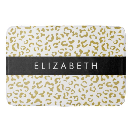 Leopard Print、金ゴールドLeopard、グリッター、名前 バスマット (正面)