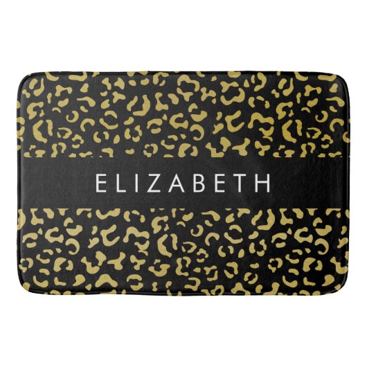 Leopard Print、金ゴールドLeopard、グリッター、名前 バスマット (正面)