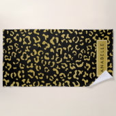 Leopard Print、金ゴールドLeopard、グリッター、名前 ビーチタオル (正面)