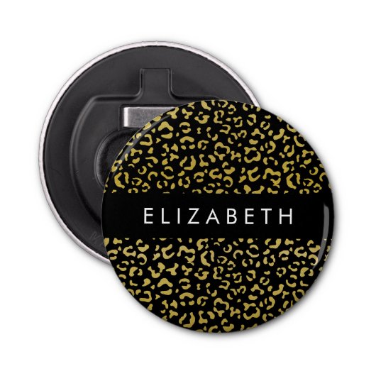 Leopard Print、金ゴールドLeopard、グリッター、名前 栓抜き (正面)