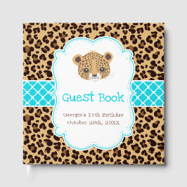 Leopard Print Blue Quatrefoil Birthday Party ゲストブック